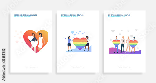 Set of homosexual couples with rainbow hearts. Flat vector illustrations of homosexuals dating. LGBT concept for banner, website design, landing web page