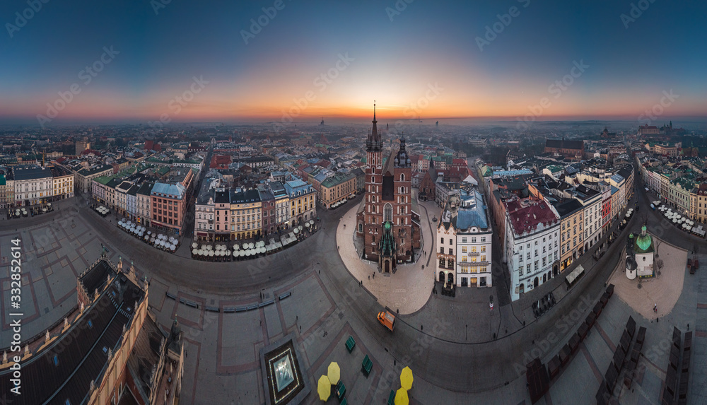 Fototapeta premium Aerial view of the Market Square in Cracow in sunrise time