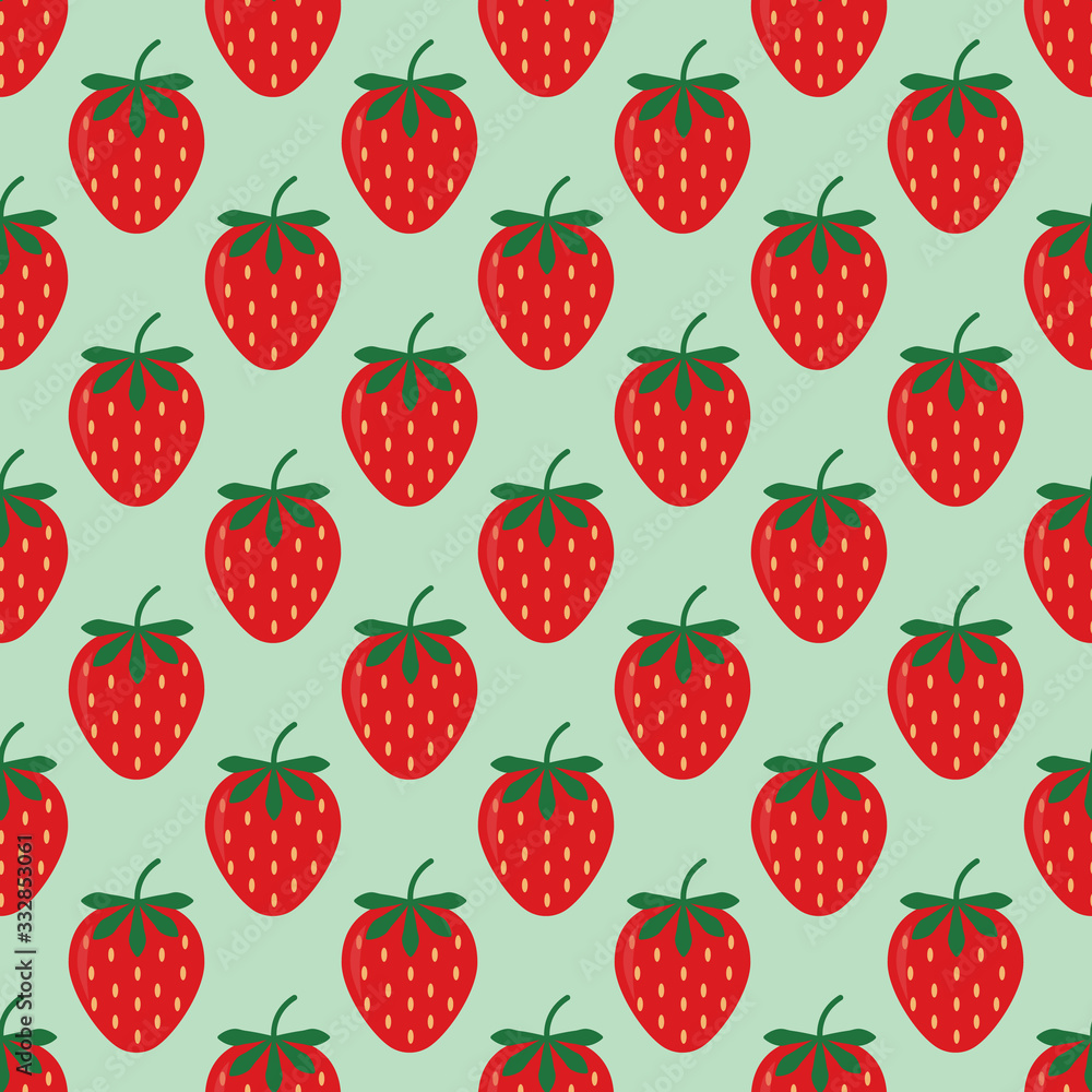 Seamless background with red strawberries. Cute vector strawberry pattern. Summer fruit illustration on blue background. Seamless background with red strawberries. Cute vector strawberry pattern. Summer fruit illustration on blue background.