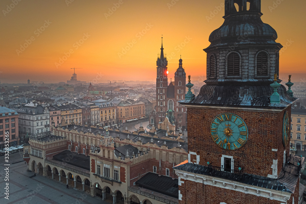 Fototapeta premium Aerial view of the Market Square in Cracow in sunrise time