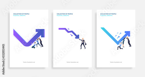 Collection of people pushing arrows. Flat vector illustrations of cartoon characters changing graphs. Growth, success, teamwork concept for banner, website design or landing web page