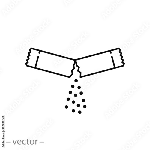 ripped packet sugar icon, open paper sachet with sugar crystals, soluble medication, thin line web symbol on white background - editable stroke vector illustration eps10