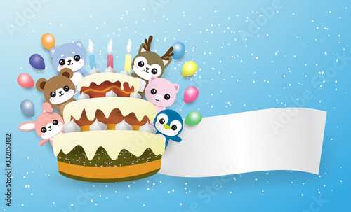rabbit, bear,penguin,pig,raindeer and dog behide a cake happy birthday to you with colorful balloon . On the blue backgroundcopy space photo