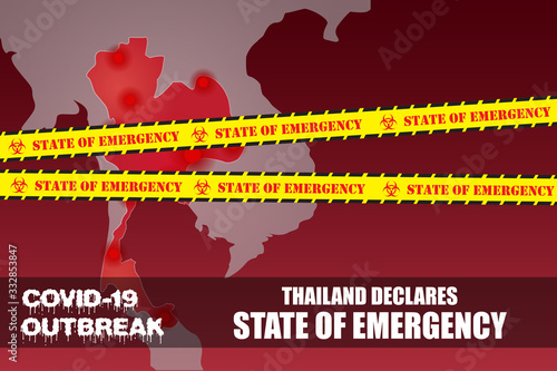 Thailand government announced state of emergency throughout the country to combat with the Covid-19 pandemic outbreak. Map of Thailand with state of emergency label across the country.