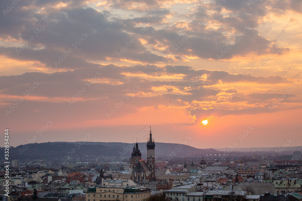 View to Cracow - St Mary's Church, Market during sunset