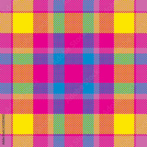 Pixel background vector design. Modern seamless pattern plaid. Square texture fabric. Tartan scottish textile. Beauty color madras ornament.