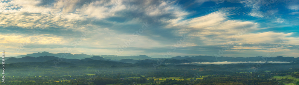 Panorama blue sky mountain panoramic landscape view fluffy white cloud summertime sunshine morning cloudscape. Blue skyline sunlight climate panoramic background. Beautiful heaven blue ecology scenery