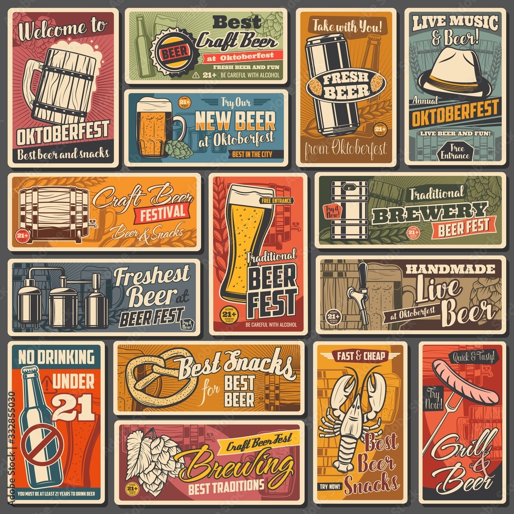 Beer alcohol drink retro posters of bar, pub and Oktoberfest beverage vector design. Glasses and mugs with foam, pint, bottles and brewery barrels of craft lager or ale, hops, malt, barley and wheat