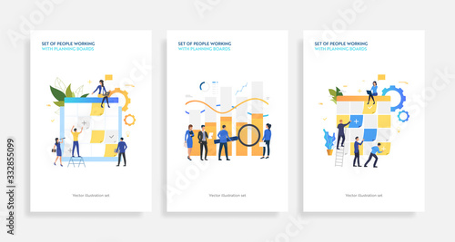 Set of people working with planning boards. Flat vector illustrations of employees sticking notes on Kanban board, working on laptop. Business concept for banner, website design or landing web page