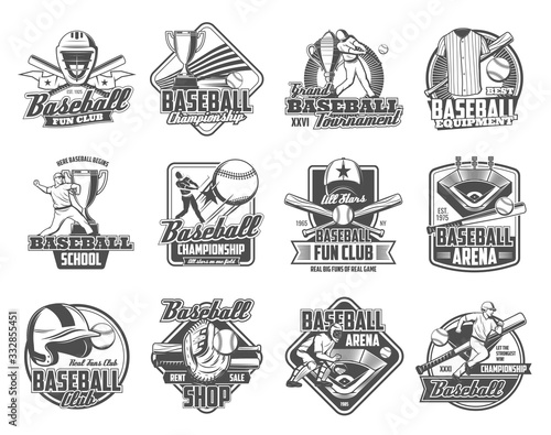 Baseball sport ball, bat and trophy cup vector badges. Player on sporting arena with glove or mitt, team uniform jersey, cap and play field, catcher helmet, mask and leg pad monochrome icons design