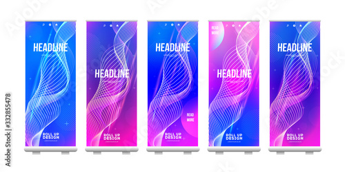 Collection of Roll Up layout. Modern brochure or flyer in trendy gradients, color vertical banner design with abstract digital wave, cover background