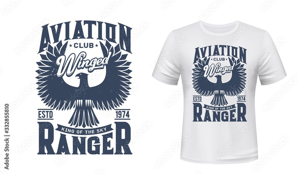 Eagle bird vector mockup of aviation club t-shirt print design. Black eagle, hawk or falcon with raised wings, custom apparel print of aircraft, flying or aero club with heraldic animal and letterings Eagle bird vector mockup of aviation club t-shirt print design. Black eagle, hawk or falcon with raised wings, custom apparel print of aircraft, flying or aero club with heraldic animal and letterings