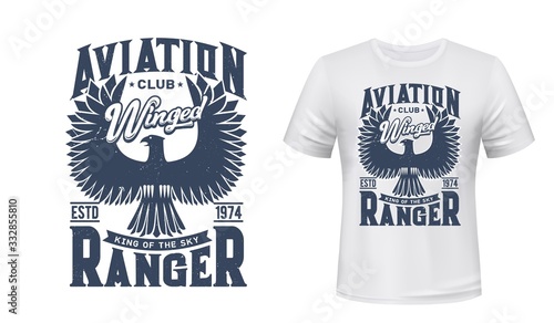 Eagle bird vector mockup of aviation club t-shirt print design. Black eagle, hawk or falcon with raised wings, custom apparel print of aircraft, flying or aero club with heraldic animal and letterings