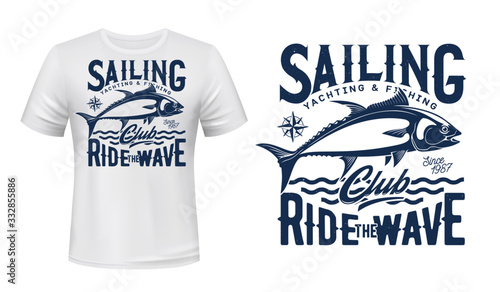 Tuna fish print mockup of fishing and sailing sport club t-shirt vector design. Sea fish jumping out of blue waves and navigation compass wind rose, yachting and fisherman club custom apparel template
