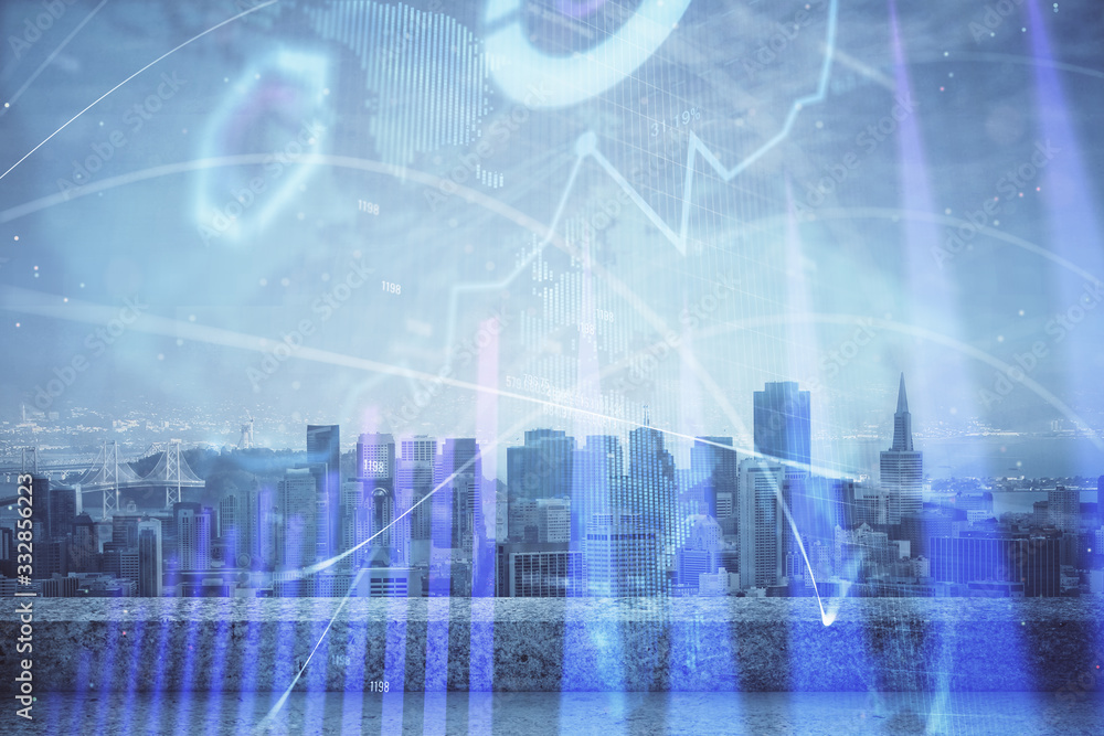 Forex graph on city view with skyscrapers background multi exposure. Financial analysis concept. Forex graph on city view with skyscrapers background multi exposure. Financial analysis concept.