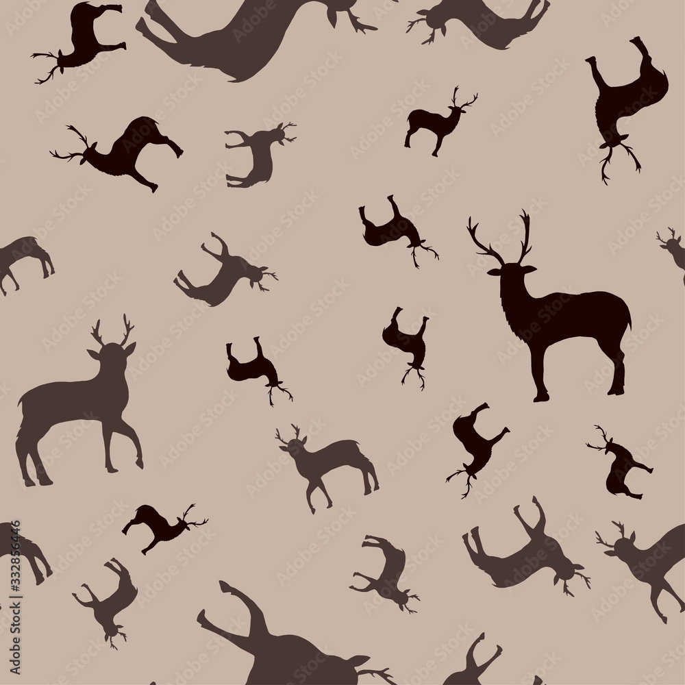 Seamless pattern with deer silhouettes on a gray background.