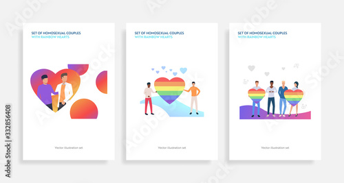 Set of homosexual couples with rainbow hearts. Flat vector illustrations of homosexuals dating. LGBT concept for banner, website design, landing web page