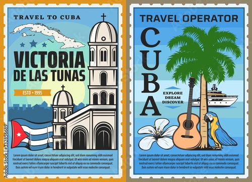 Cuba travel and tourism vector design of Cuban map, flag and island beach with Caribbean royal palm tree, guitar and parrot, mariposa flower, cruise ship, Roman Catholic church. Travel agency posters