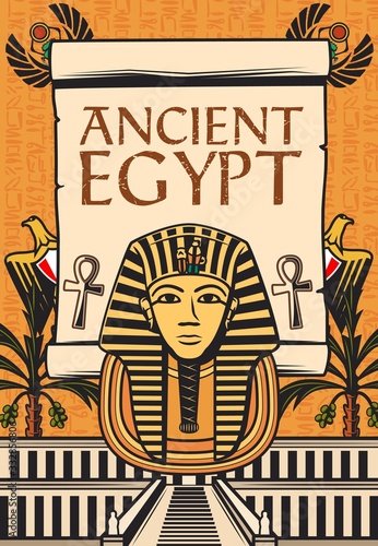 Ancient Egypt travel landmark with pharaoh mummy mask and Tutankhamun tomb vector design. Papyrus scroll with Ankh symbols, scarab amulets, hieroglyphs, heraldic Egyptian eagles and palm trees