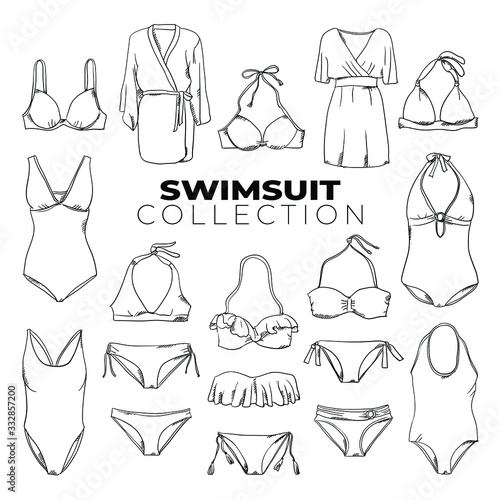Doodle set of women's swimsuit design set – fashion bikini collection, Female stylish swimwear silhouettes, beach clothing underwear, hand-drawn. Vector sketch illustration isolated.
