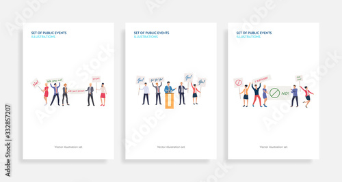 Set of public events illustrations. Flat vector illustrations of people protesting with placards or supporting candidate. Election concept for banner, website design or landing web page