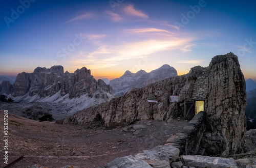 Sunrise at distinctive dolomites peaks