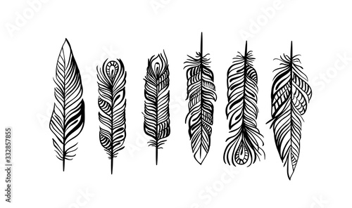 Pattern with magic eagle feather in line art style. Use it for print or web, package design.
