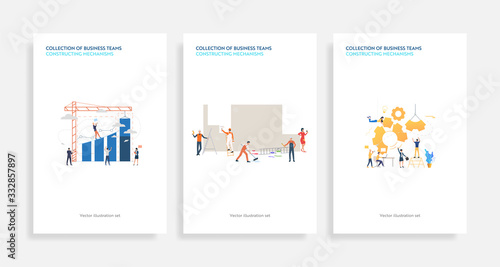 Collection of business teams constructing mechanisms. Flat vector illustrations of people launching rocket, painting wall. Teamwork concept for banner, website design or landing web page