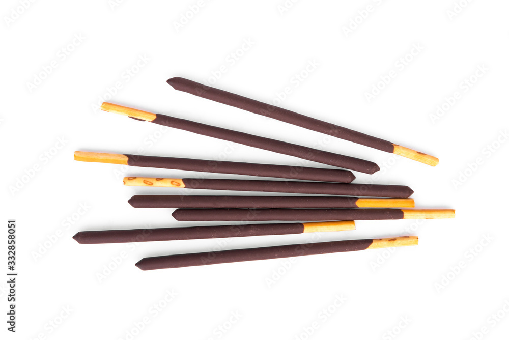 chocolate biscuit stick isolated on white background, top view chocolate biscuit stick isolated on white background, top view