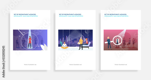 Set of recruitment agencies, applicants and job interviews. Flat vector illustrations of people in magnifying glasses. Hr, employment concept for banner, website design or landing web page
