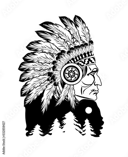 Native american indian chief headdress. Whiskey label design. Vector illustration in black and white style. Vector illustration.