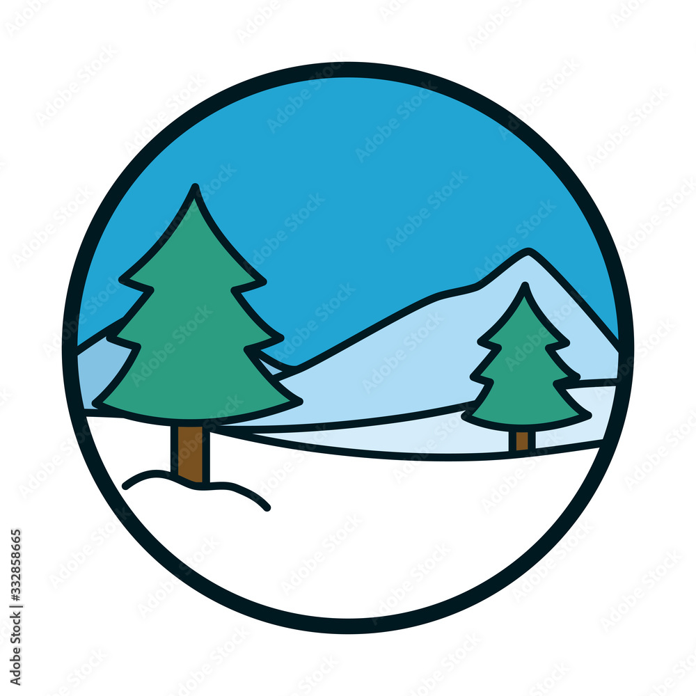 Fototapeta premium Pine trees and snow line and fill style icon vector design