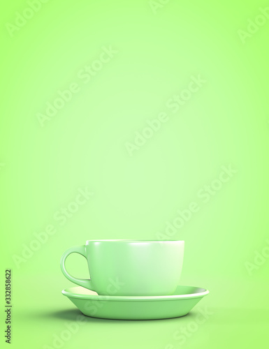 Green mug with saucer on a green background. With copyspace.