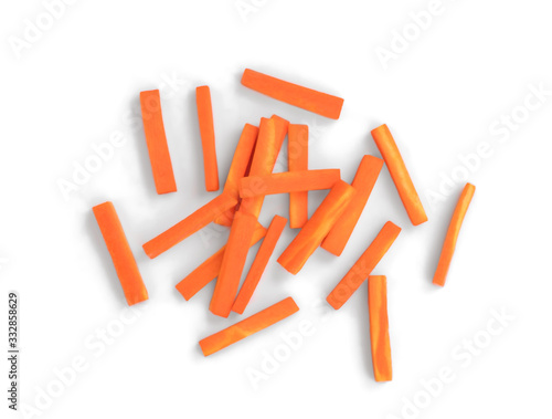 julienned carrot sticks isolated on white background, top view