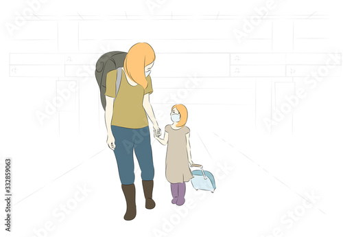 Hand drawing illustration of mother and daughter at airport escape from the city before city lockdown after coronavirus, covid-19 pandemic around the world.