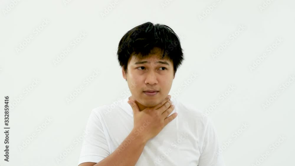 Man has a sore throat. This is a one of coronavirus symptom. Other name of this disease calls COVID-19. Person model is on white background. Health care footage video in full HD resolution.