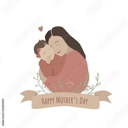Happy Mother's Day. Beautiful vector stylish greeting card of mum and daughter with ribbon title and doodle plants ornament. Motherhood concept.  Flat style illustration. Family Love.Flat style.