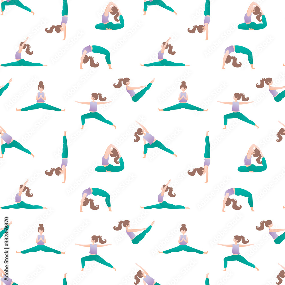 Seamless pattern with beauty woman in yoga positions. Texture background with fitness female character doing various asanas. Seamless pattern with beauty woman in yoga positions. Texture background with fitness female character doing various asanas.