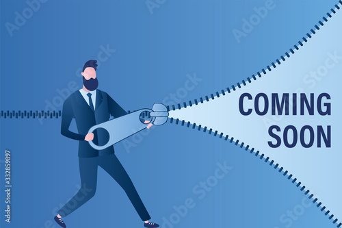 Businessman opens zipper, soon opening a new business or project. Handsome male character unlock new shop