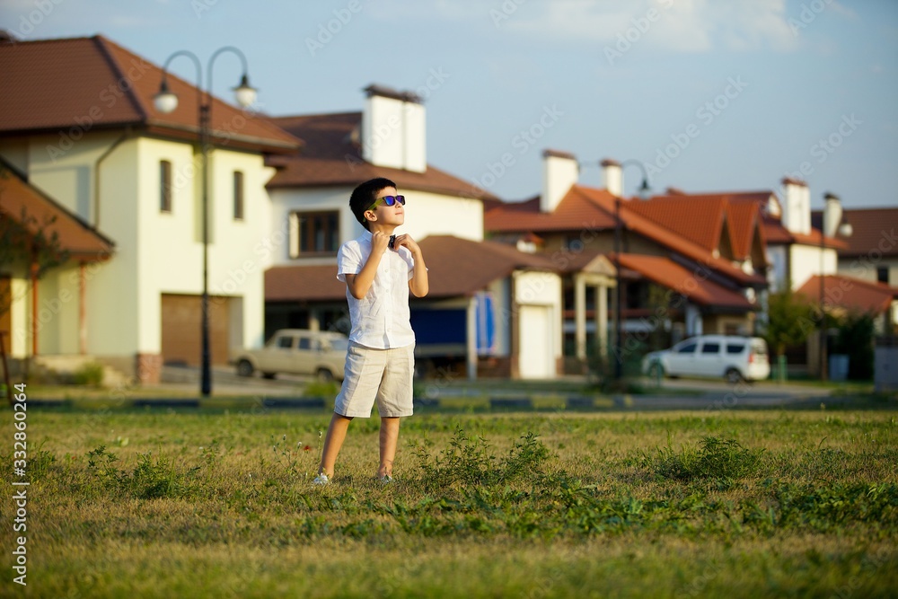Fototapeta premium A beautiful little boy stands on the background of a beautiful cottage.