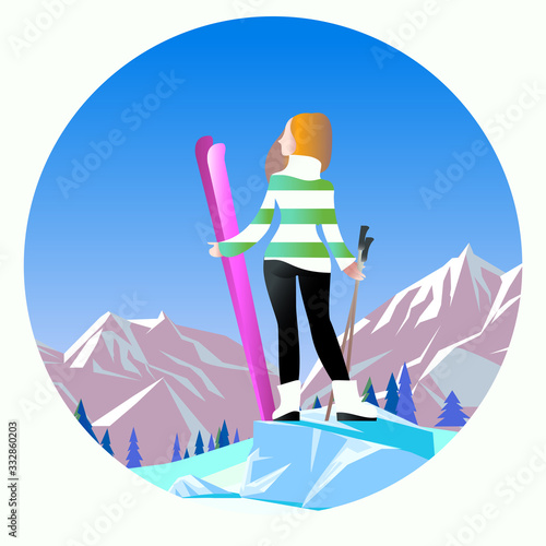 Cartoon style blonde ski girl in sunglasses on mountain background.