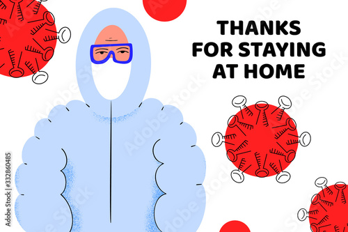 Thanks for staying at home. Pandemic medical concept banner with dangerous cells.Vector illustration. Coronavirus outbreak. 2019-nCoV background.