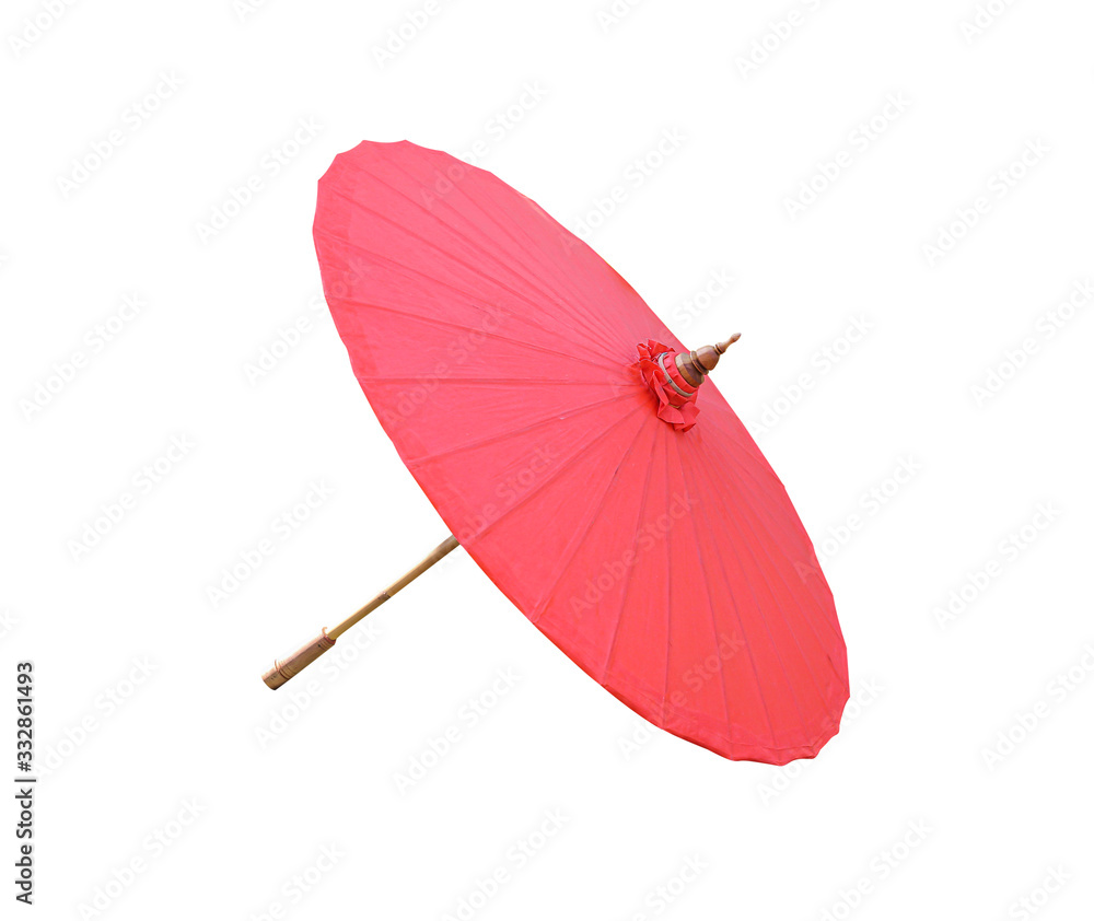 Red oil paper umbrella with wood handle isolated on white background , clipping path