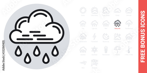 Heavy rain, shower or downpour icon for weather forecast application or widget. Cloud with raindrops. Simple black and white version. Free bonus icons kit included