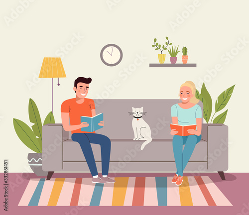 Man, woman and cat sitting on the couch with books. Vector flat illustration