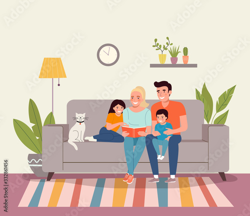 Mother and father with children sitting on sofa and reading a book. Vector flat style illustration