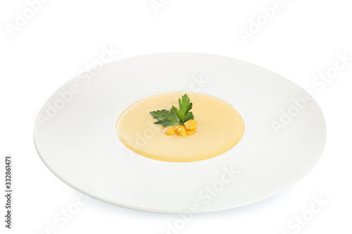 Delicious corn cream soup isolated on white