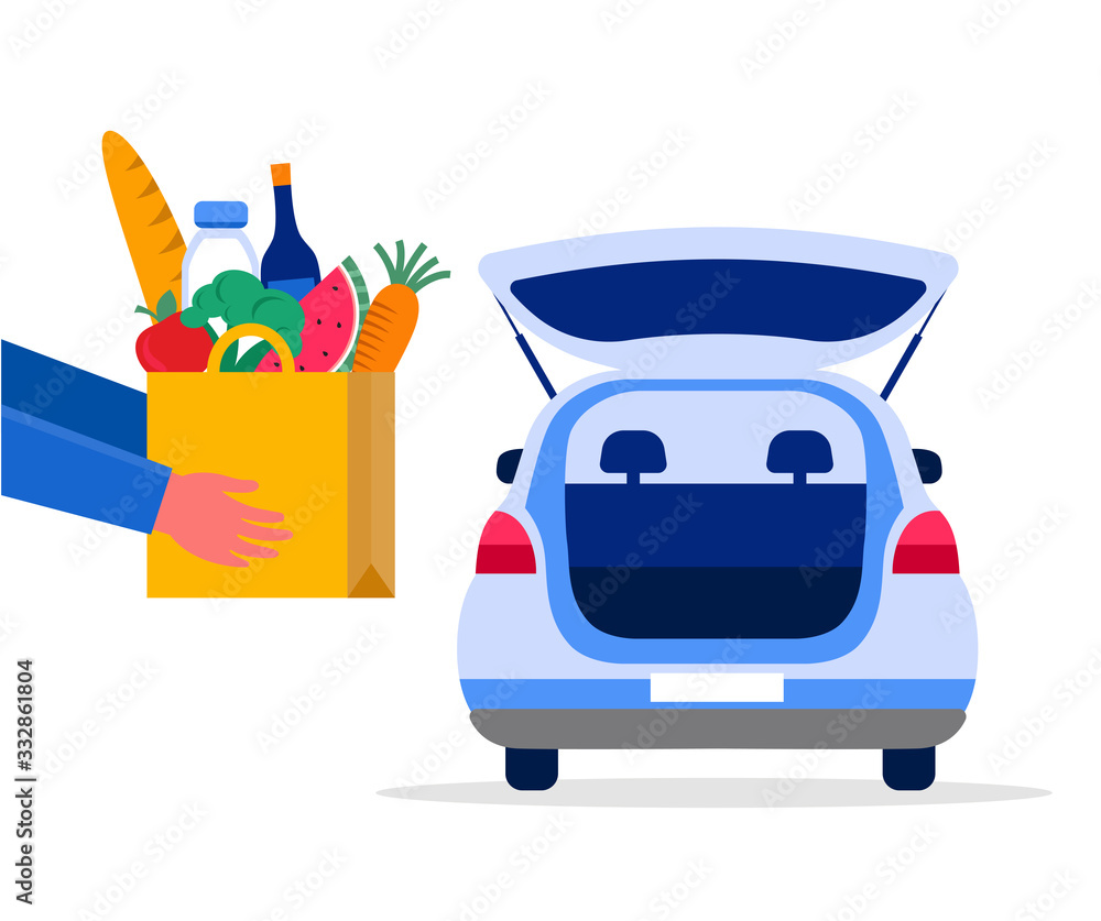 Food delivery service concept, online order tracking. Warehouse, truck and scooter courier, with a delivery man in a respirator mask. Vector illustration - obrazy, fototapety, plakaty 