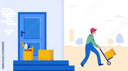 Food delivery service concept, online order tracking. Warehouse, truck and scooter courier, with a delivery man in a respirator mask. Vector illustration