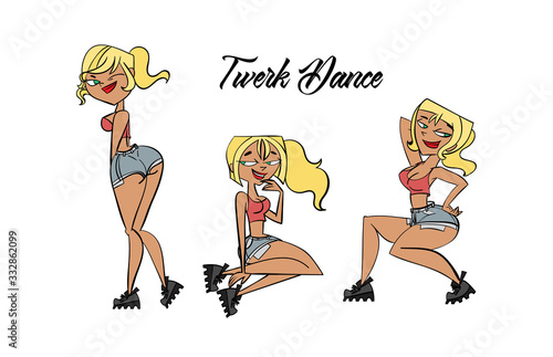 Twerk poster design. Cartoon style girl. Poster for booty dance course or battle. Vector illustration.